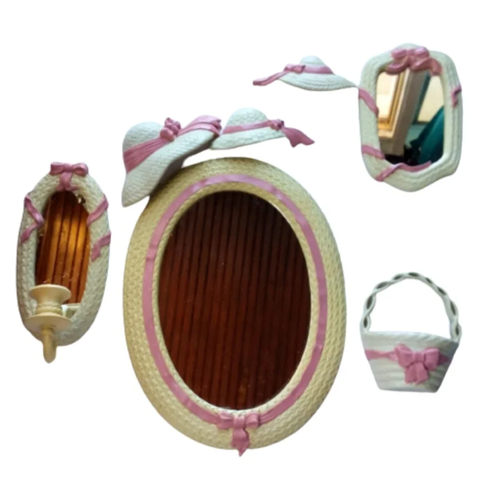 Vtg Homco Home Interiors Burwood White Pink Ribbon Mirror Hats Sconces 8pc Set